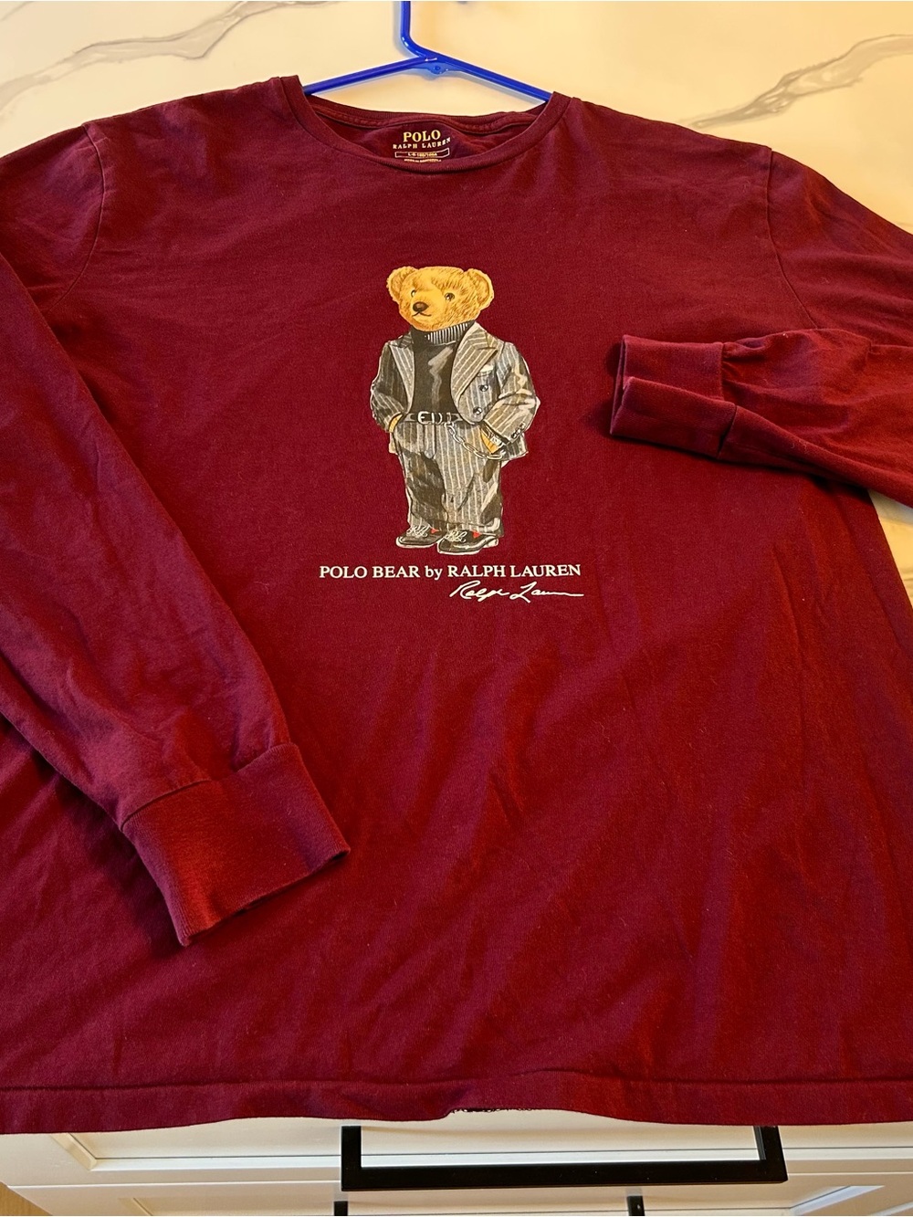 Ralph Lauren Bear Burgundy Polo Bear Long Sleeve Shirt. Sz L